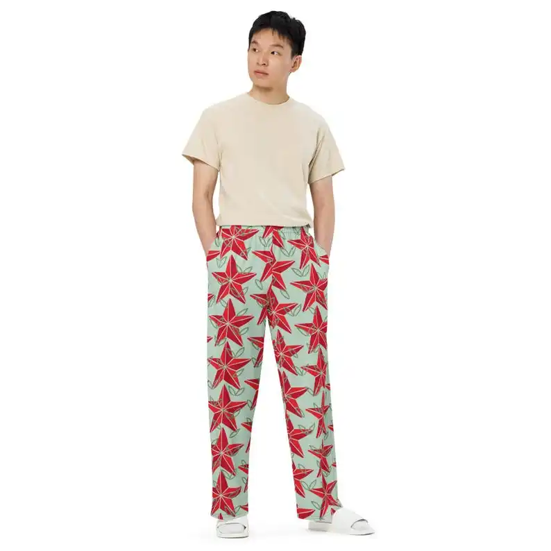Women Christmas Red Star Floral Print Lounge Pants Waist Loose Holiday Casual Sleep Trousers
