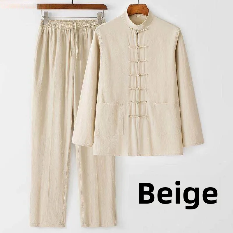 

Loose Fit Cotton Linen Men's Long Sleeve Tai Chi Suit Traditional Chinese Style Vintage Button up mid Age plus Size Set