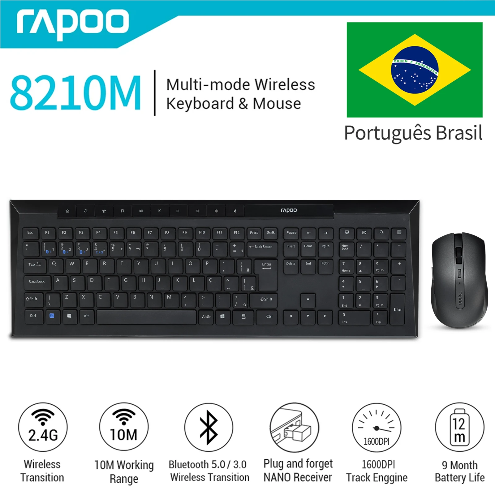 Rapoo 8210M 멀티 장치 블루투스 무선 키보드 및 마우스 키트, ABNT2, 포르투갈어, 브라질, 블랙, 멀티미디어 키 포함