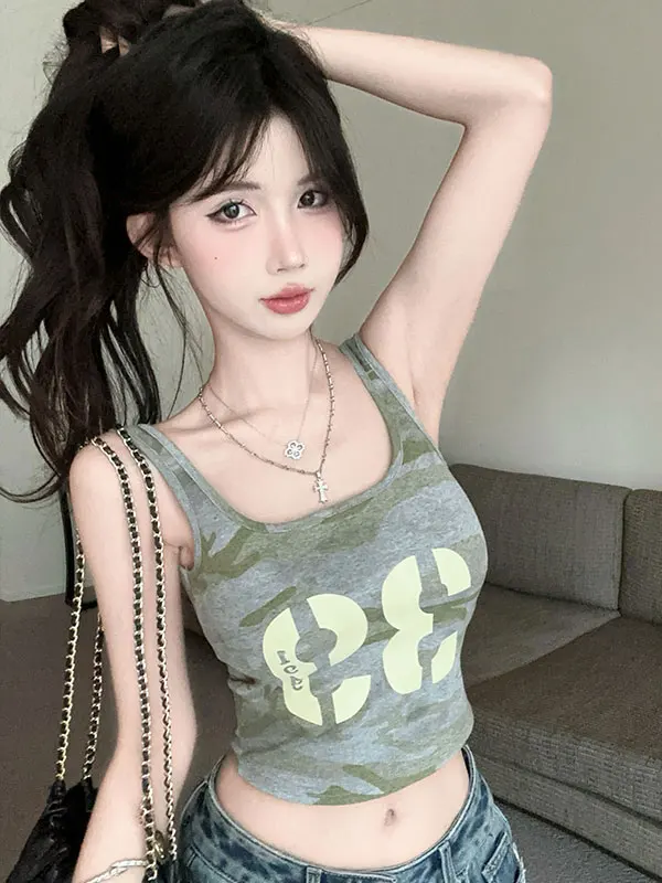 

Sweet Cool Spicy Camouflage Print Square Collar Strapless Vest Women's Summer Outdoor Short Sleeveless Workwear Top