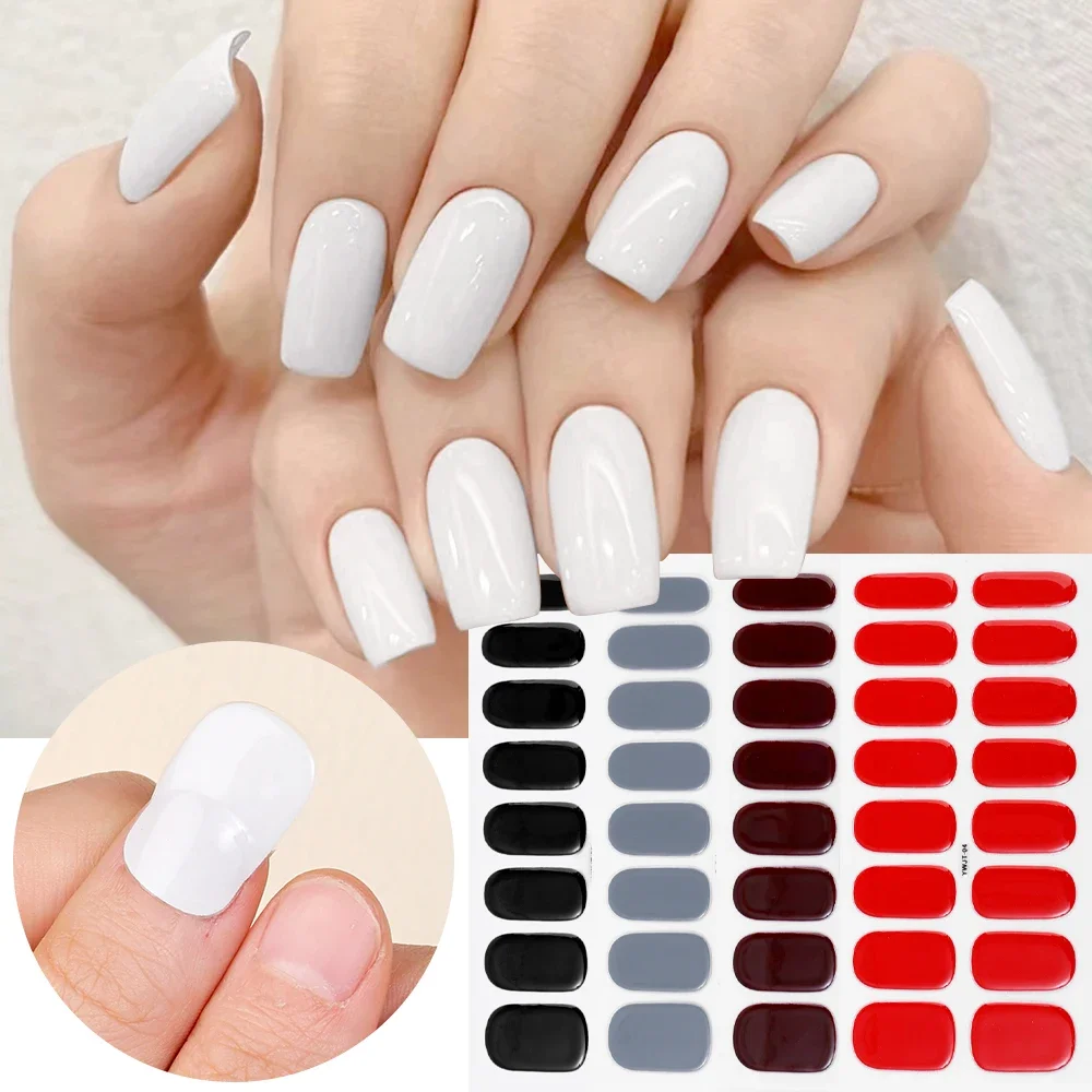 UV Semi-Cured Gel Nail Stickers 16PCS Black Full Cover Nail Strips Wraps UV/LED Gel Nail Patch Adhesive French Manicure Decals