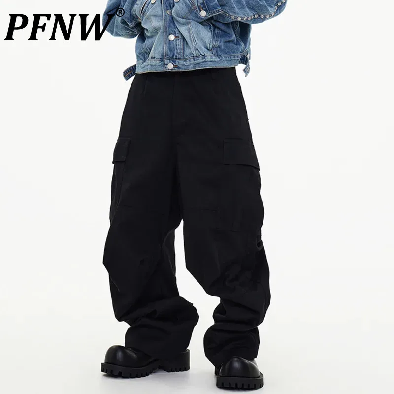 

PFNW New Trend Men's Casual Pants Straight Loose Big Pockets Solid Color Wide Leg Male Trousers Dark Style Autumn 12C506 2024