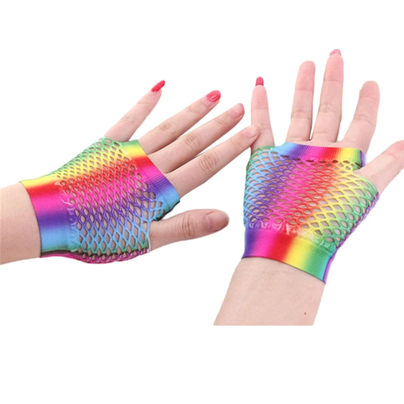1pair Rainbow Color Ladies Sexy Mesh Net Fishnet Gloves Women Hollow Out Holes Fingerless Gloves Lady Disco Dance Costume Mitten