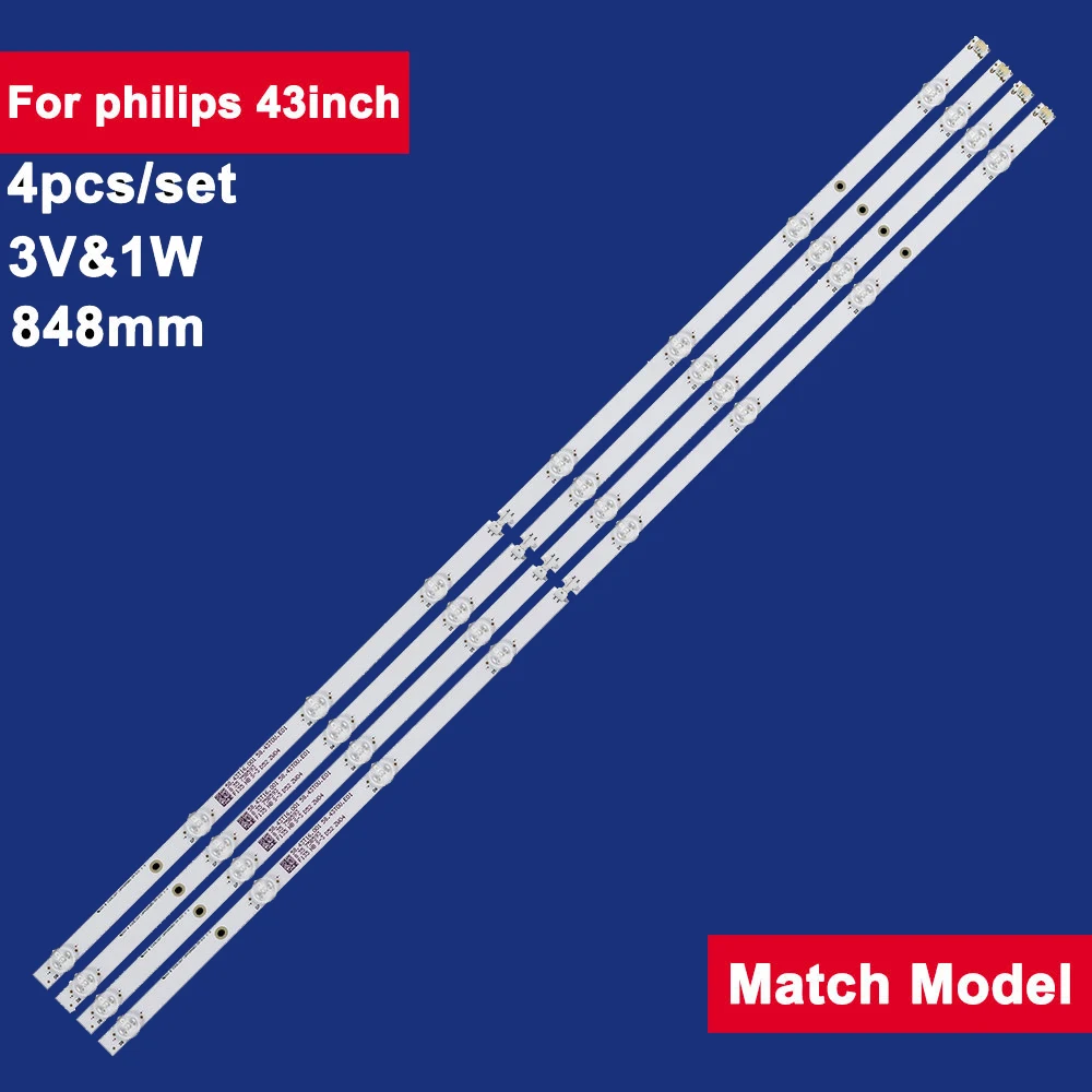 4Pcs 848mm For Philips 43inch LED Backlight TV Strip 8Leds 3V LB43104 94V-0 E465853 43PUS6503 43PUS6262 43PUS6753/12 43PFS5503