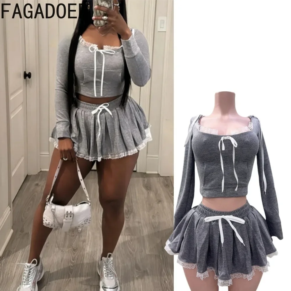 

FAGADOER Lace Patchwork Sweet Women 2 Piece Set Outfit Streetwear Bow Hooded Drawstring Crop Jacket and Pleated Skirts Suits New