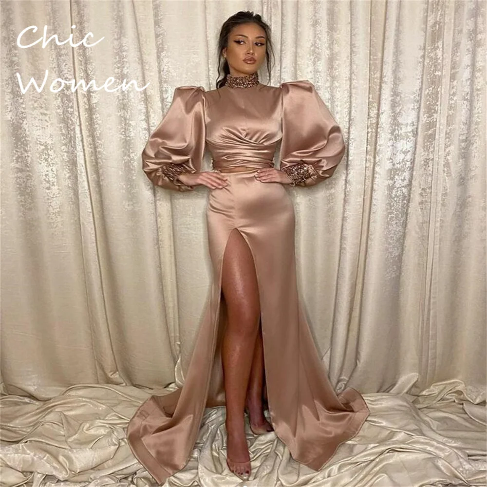 

Mermaid 2 Piece Prom Dress With Slit Elegant High Necklline Puff Sleeves Long Robes De Soirée 2023 Brown Vestidos De Fiesta