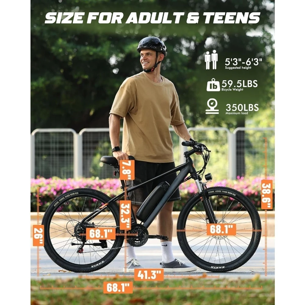 21-Speed Lightweight Electric Mountain Bike with 1000W Peak Motor, 375Wh Removable Battery, 26x2.1 Tire, 20+ MPH, Custom