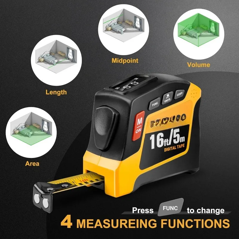 

2-in-1 Digital Tape Measure - 16Ft Rechargeable Measuring Tape Ruler Ft/Ft+in/in/M/CM/MM Unit - Metric & Inches Retracta