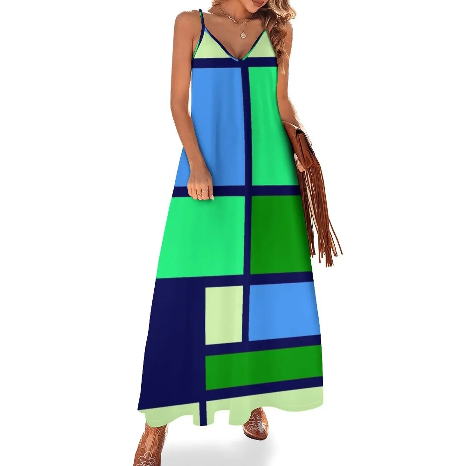 

Mondrian style design blue green Sleeveless Dress dress for women summer dresses ladies 2025 Dresses gala Dress