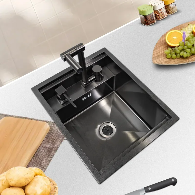Portable Small Square Single Sink 304 Stainless Steel Matte Black Bar Sink with Faucet Modern Style Undermount Kitchen Wash