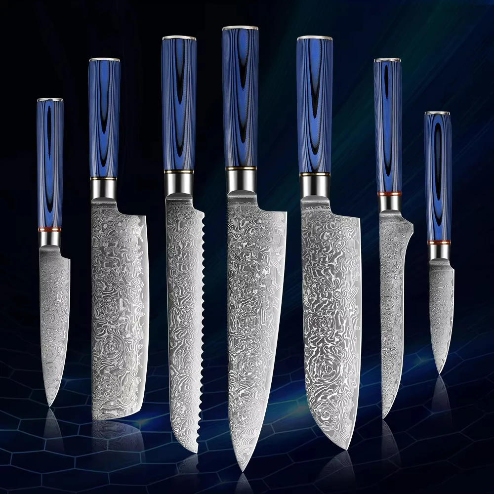 Professional Kitchen Chef Knife Damascus Steel Rose Pattern Supersharp Kitchen Knife Santoku knife G10 Unique Blue Handle Design