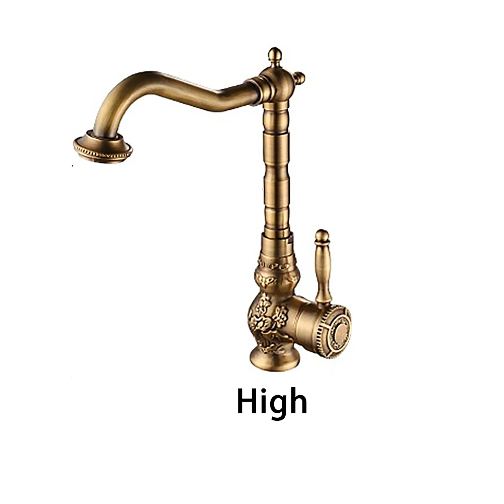 Antique Brass Carved Basin Faucet Bathroom Long Spout Wash Sink Tap Retro Rotatable Single Handle Hot And Cold Water Mixer Tap