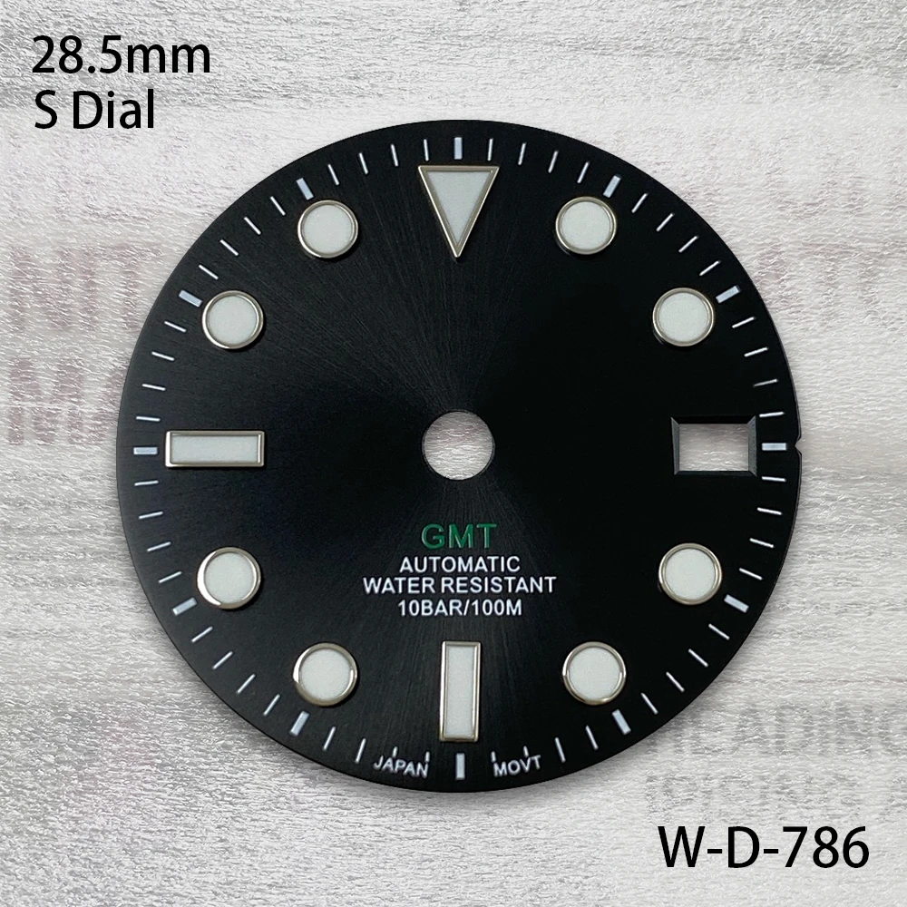 28,5 mm S-logo GMT-wijzerplaat Fit NH34-beweging Groene lichtgevende Sunray zwarte wijzerplaat Horlogemodificatieaccessoires