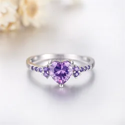Luxury Created Amethyst Ring Fashion Women Wedding Band Jewelry Cute Heart Purple Crystl Tibetan Silver Ring Dropshipping