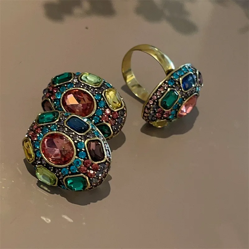 Colorful 3D Zircon Stud Earrings, Vintage Handmade Antiqued Niche Statement Ear Jewelry for Women