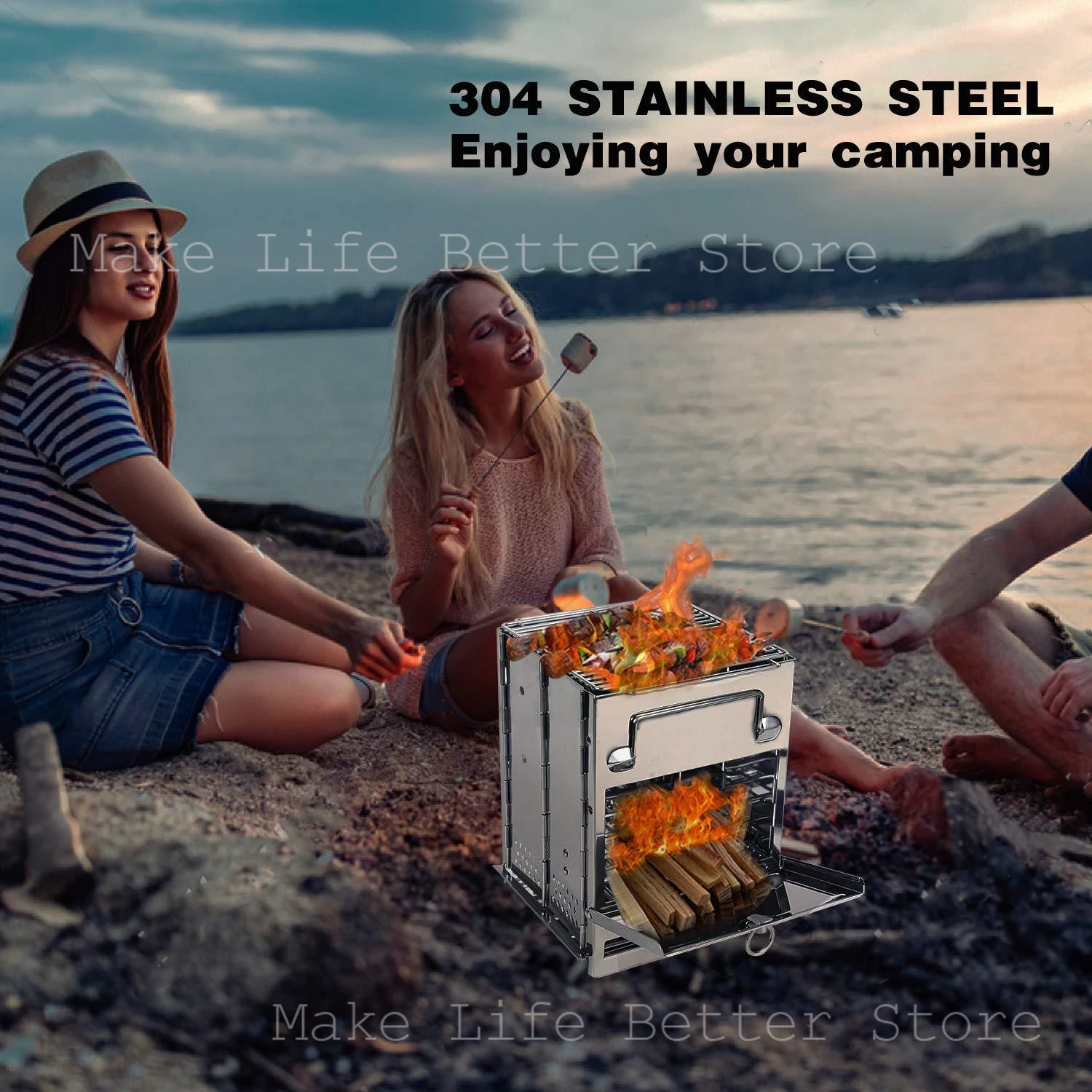 Wood Stove Portable Foldable Stainless Steel Camping Stove With Mini Charcoal Grill Lightweight Barbecue Grill