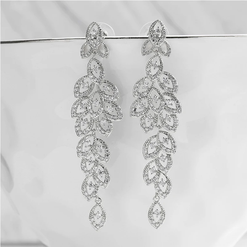 ZAKOL Luxury Cubic Zirconia Long Leaf Shape Dangle Earrings for Women Bride Romantic Bridesmaid Wedding Jewelry