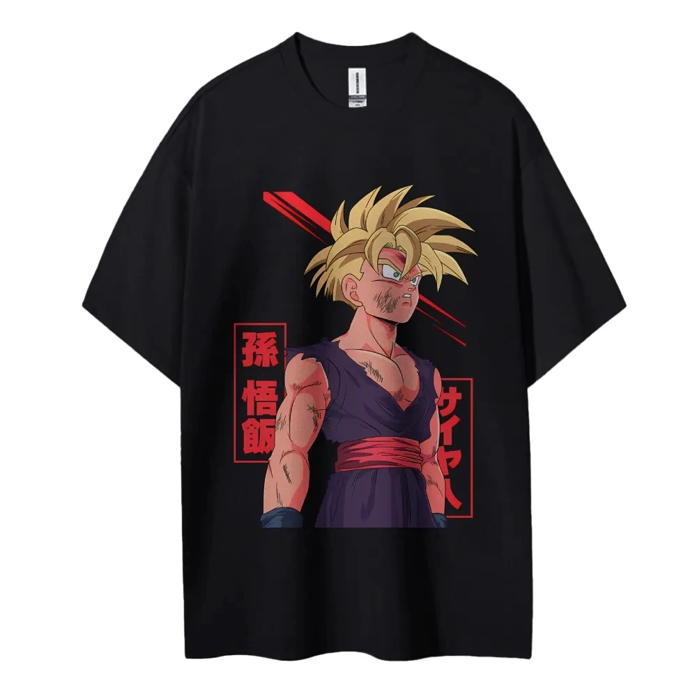 Dragon Ball Gohan Anime impreso hombres y mujeres 2026 algodón puro nuevo verano americano Casual padre niño Top de manga corta