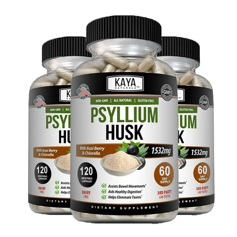 Cápsulas de Psyllium Husk, Saúde Desintoxicante, Enriquecido com Raiz de Gengibre e Aloe Vera, 1532 mg