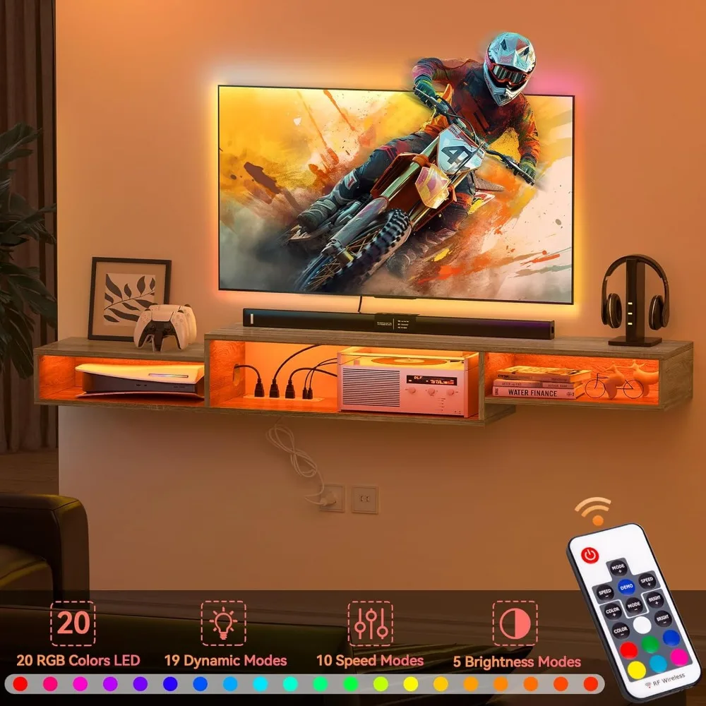 حامل تلفزيون عائم بإضاءة LED مقاس 71 بوصة مع مخرج طاقة ورف تخزين لأجهزة التلفاز المثبتة على الحائط ووحدات الوسائط والترفيه #2