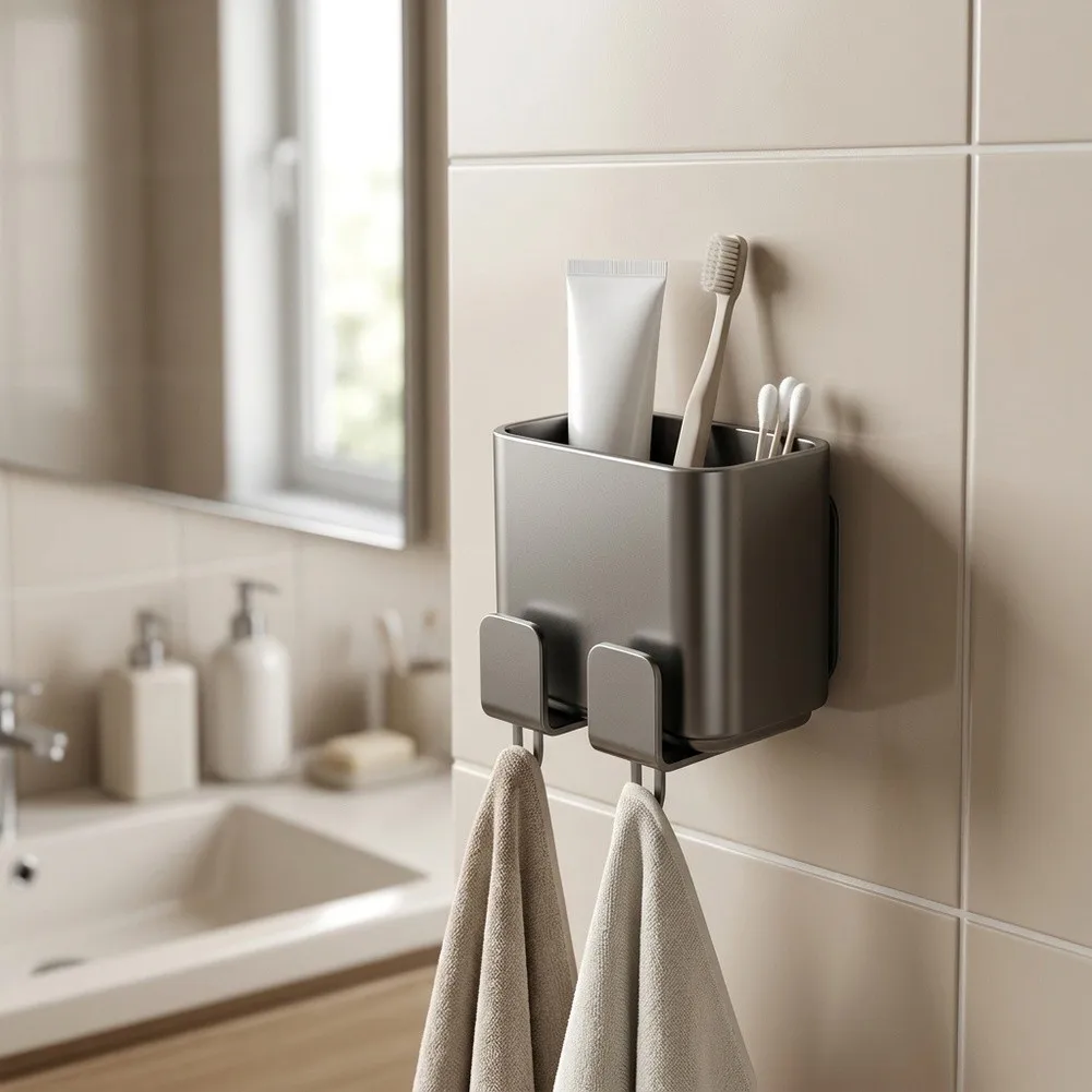 Compact ABS Suction Cup Bathroom Rack for Toothbrushes Combs Razors Toothpaste 12x7.5x10cm Tidy Counter Solution