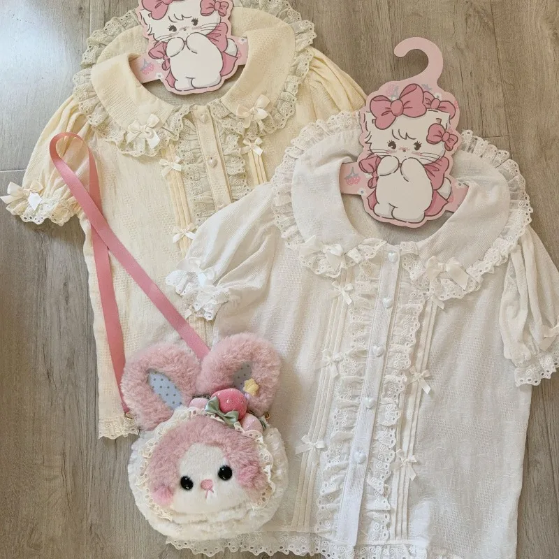 Women Japanese Sweet Lolita Shirts Y2k Aesthetic Vintage Lace Bow Detachable Sleeves Blouses Clothes Girls Kawaii Blusas Tops