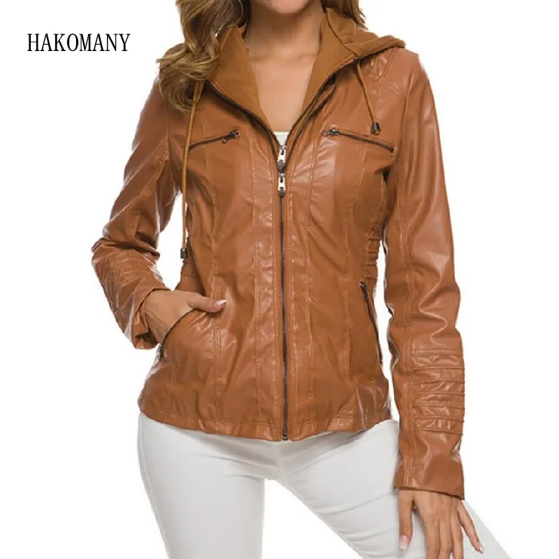 Frauen PU Leder Jacke Front Zipper Volle Hülse Schlanke Taille Mantel Lässig Outwear Herbst Abnehmbare Hut Mit Kapuze