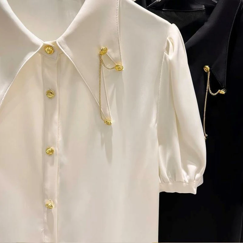 Letnie bluzki Eleganckie koszule damskie 2024 New French Lapel Chain Beaded Short Sleeve Chiffon Shirt Thin Office Lady Top