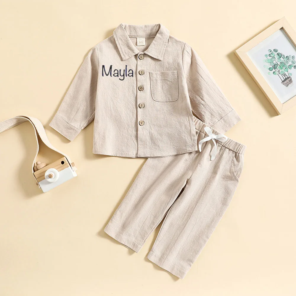 Embroidered Custom Cotton And Linen Spring Autumn Style Set，Solid Color Shirt Casual Comfortable Two-piece Gift Pack With Name