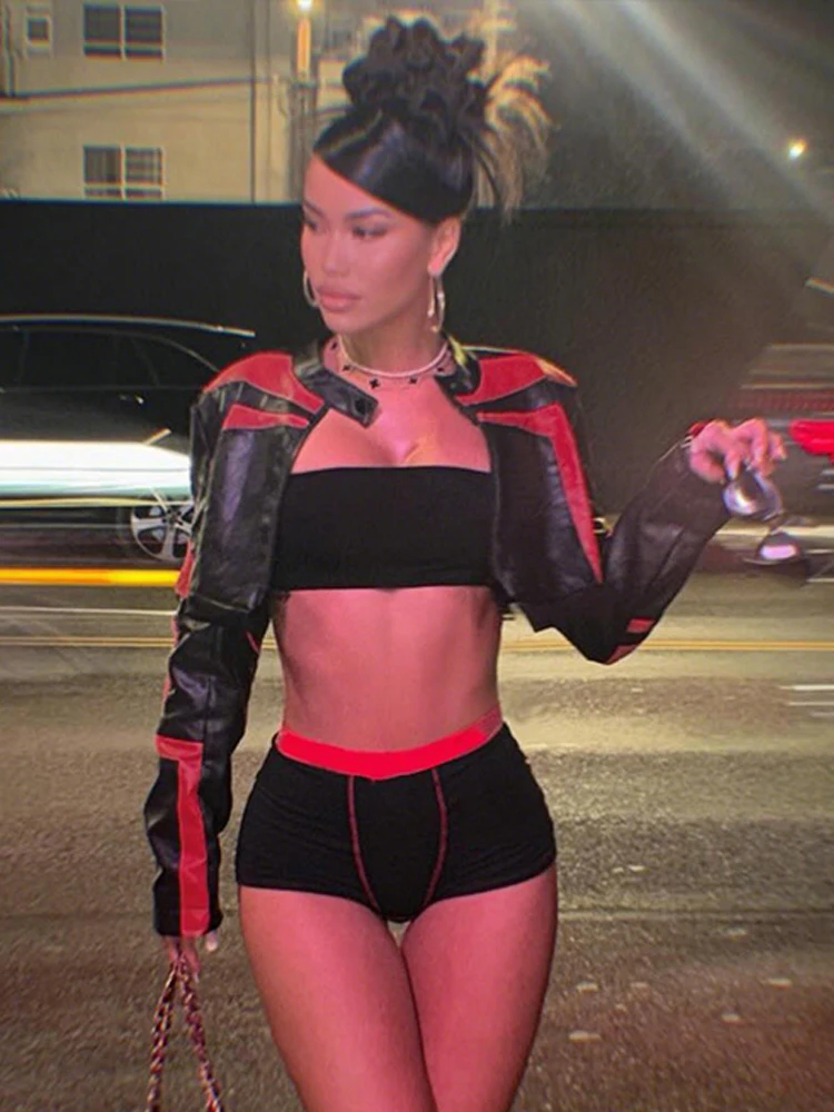 

Weird Puss PU Crop Jacket Women Patchwork Trend Zip Button Wild Sexy Hottie Hipster Basic Street Midnight Clubwear Uniform Coat