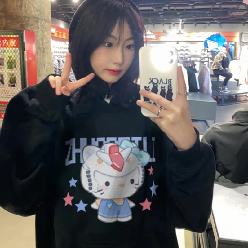 Interesting Kawaii Hello Kittys Hooded Sweater Woman Sanrios Anime Printing American Trend Autumn Winter Couple Hoodies Oversize