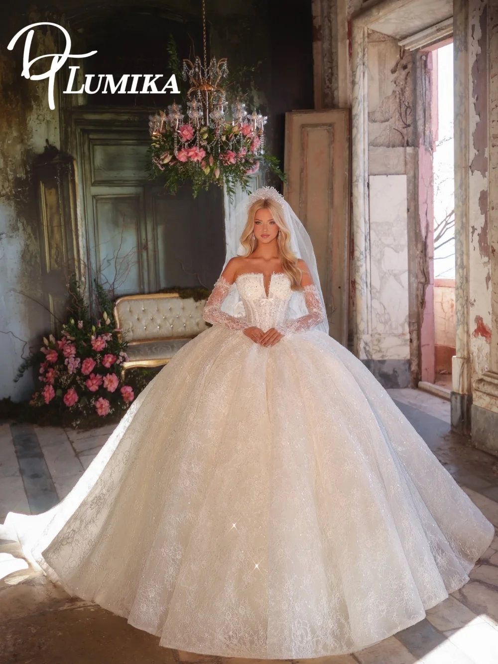 Dreamy Off Shoulder Lace  Wedding Dress 2026 Glitter Tulle Bridal Dress Enchanting Long Sleeve Bridal Gown Vestidos De Novia