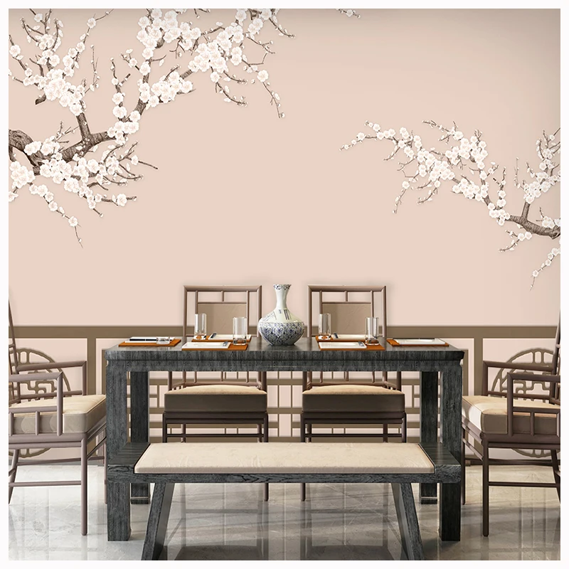 Customized New Chinese doors windows plum blossom wallpaper TV background wall living room tea room private room mural bedroom