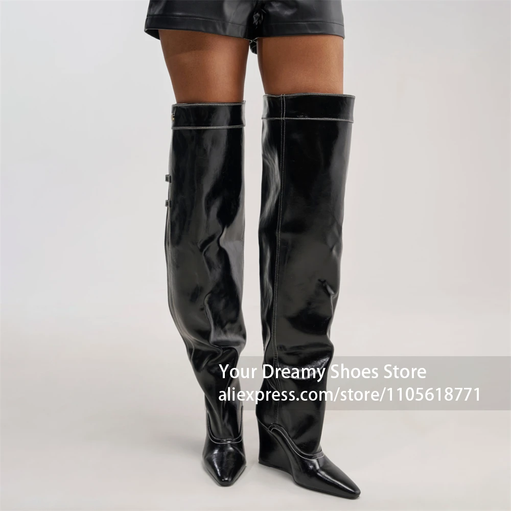 Contrast White Stitching Wedge Boot Slouchy Tall Shaft Boot Ultra Sharp Pointed Toe Over The Knee Boot Black Glossy Leather Boot