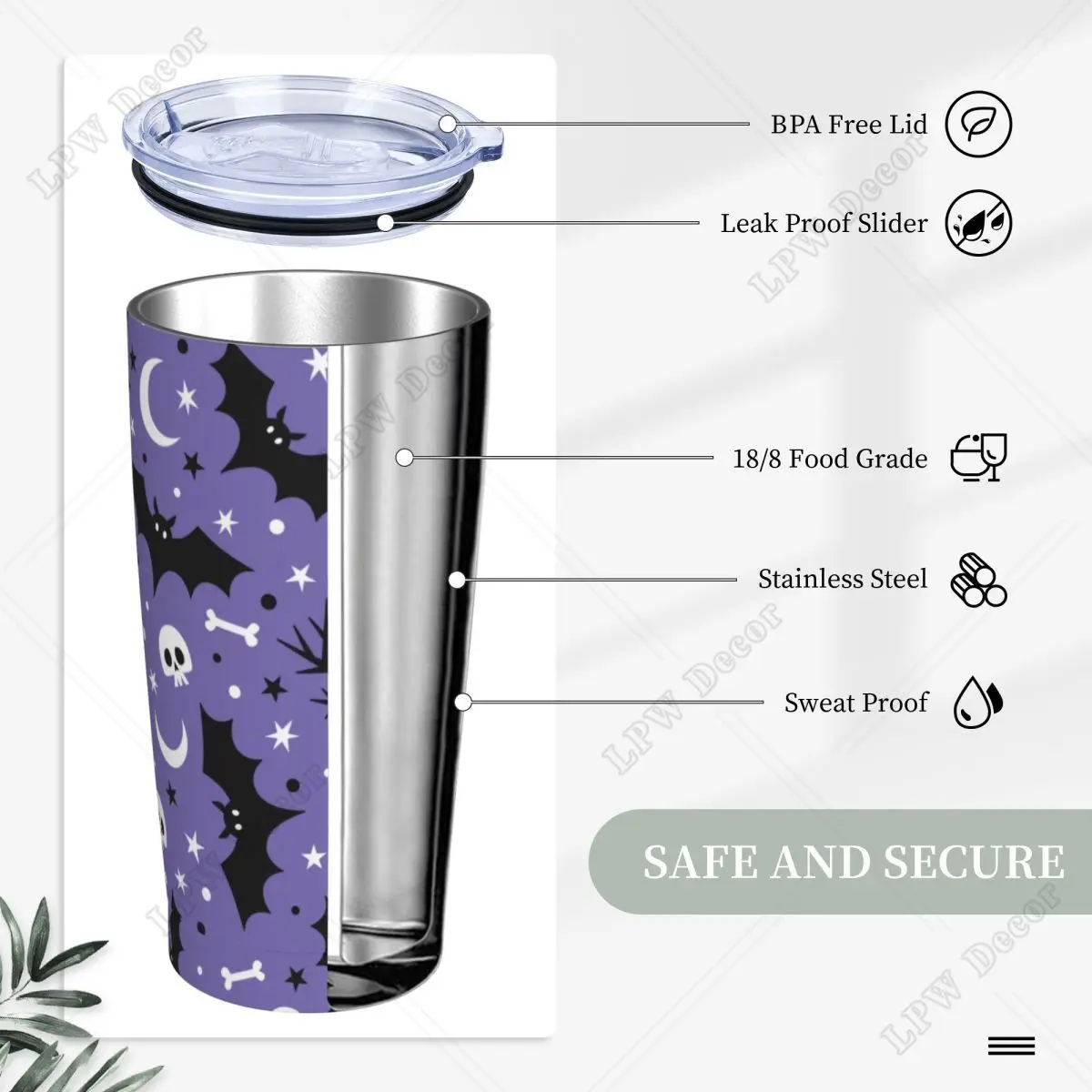 Bat Moon Skull Tree Insulated Tumbler with Straws and Lid Halloween Stainless Steel Travel Thermal Cup 20 Oz Office Home Mug Cup