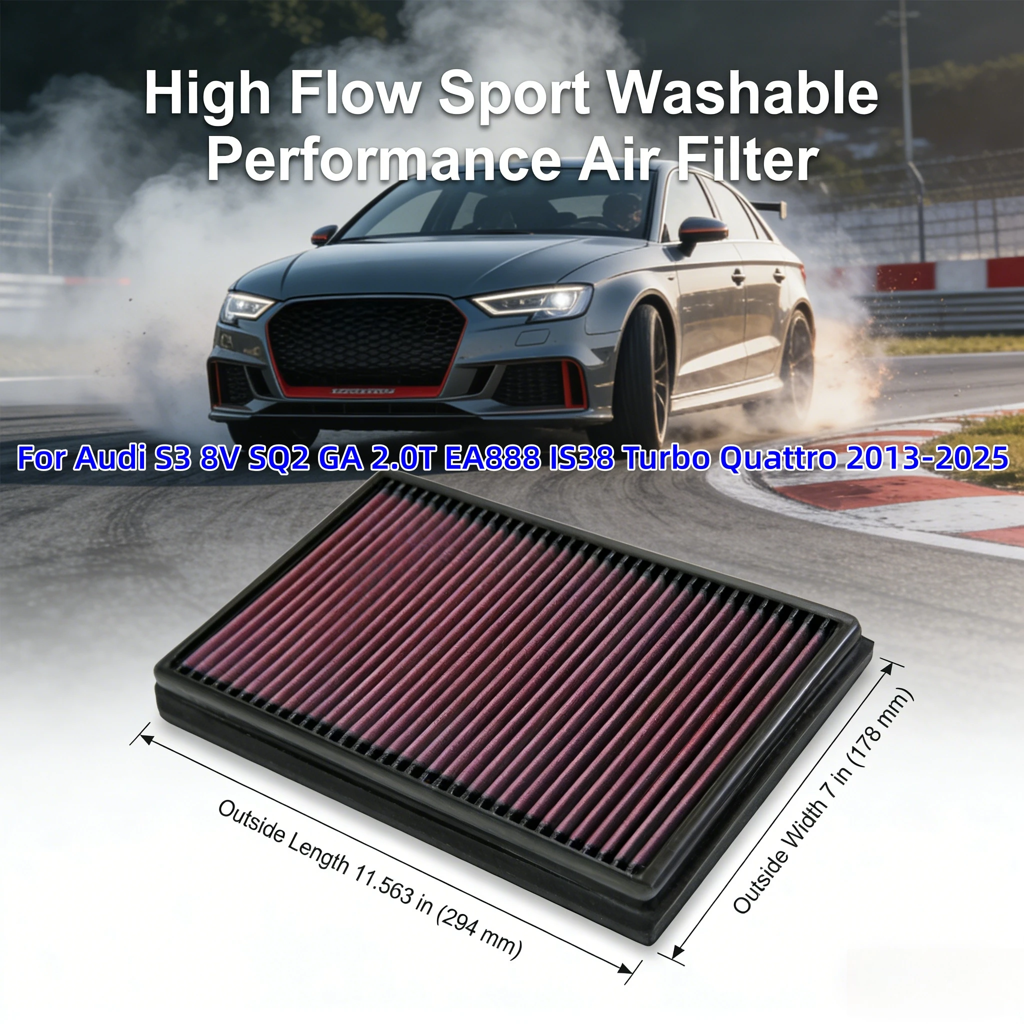 

High Flow Sport Washable Performance For Audi S3 8V SQ2 GA 2.0T EA888 IS38 Turbo Quattro 2013-2025 5Q0129620B Air Filter 33-3005