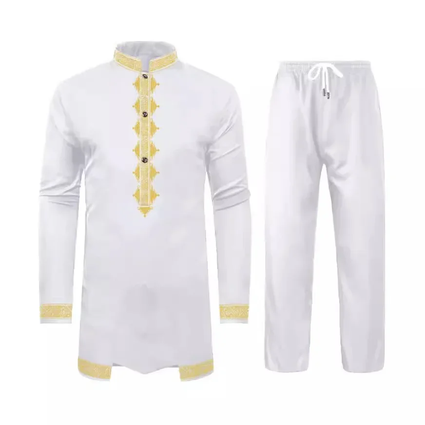 LIBIELIY New Black White Men's Suit African Ethnic Style Long Sleeve Embroidered Suit Men's Traditional Clothing 2 Pieces Luxury