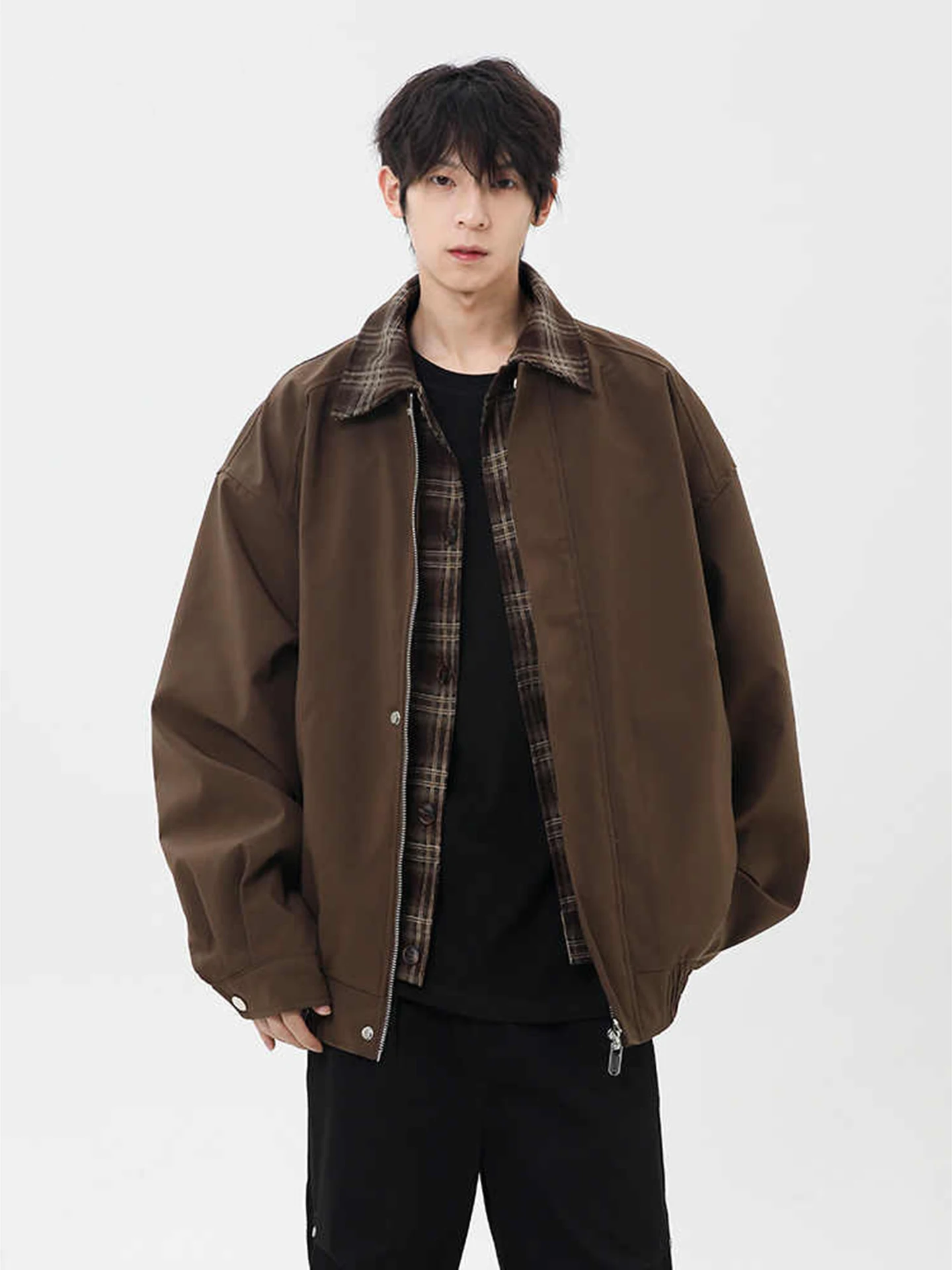 

Осенне-зимняя хлопковая фланелевая куртка-бомбер для мужчин, молодежная, с американским воротником, модная, свободного кроя, на молнии, ветрозащитная