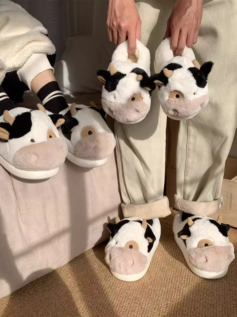 

Cute Little Cow And Family Home Slippers 2024 Winter Warm Plush Parent-child Bag Indoor Household Cotton Shoes For Men And Women