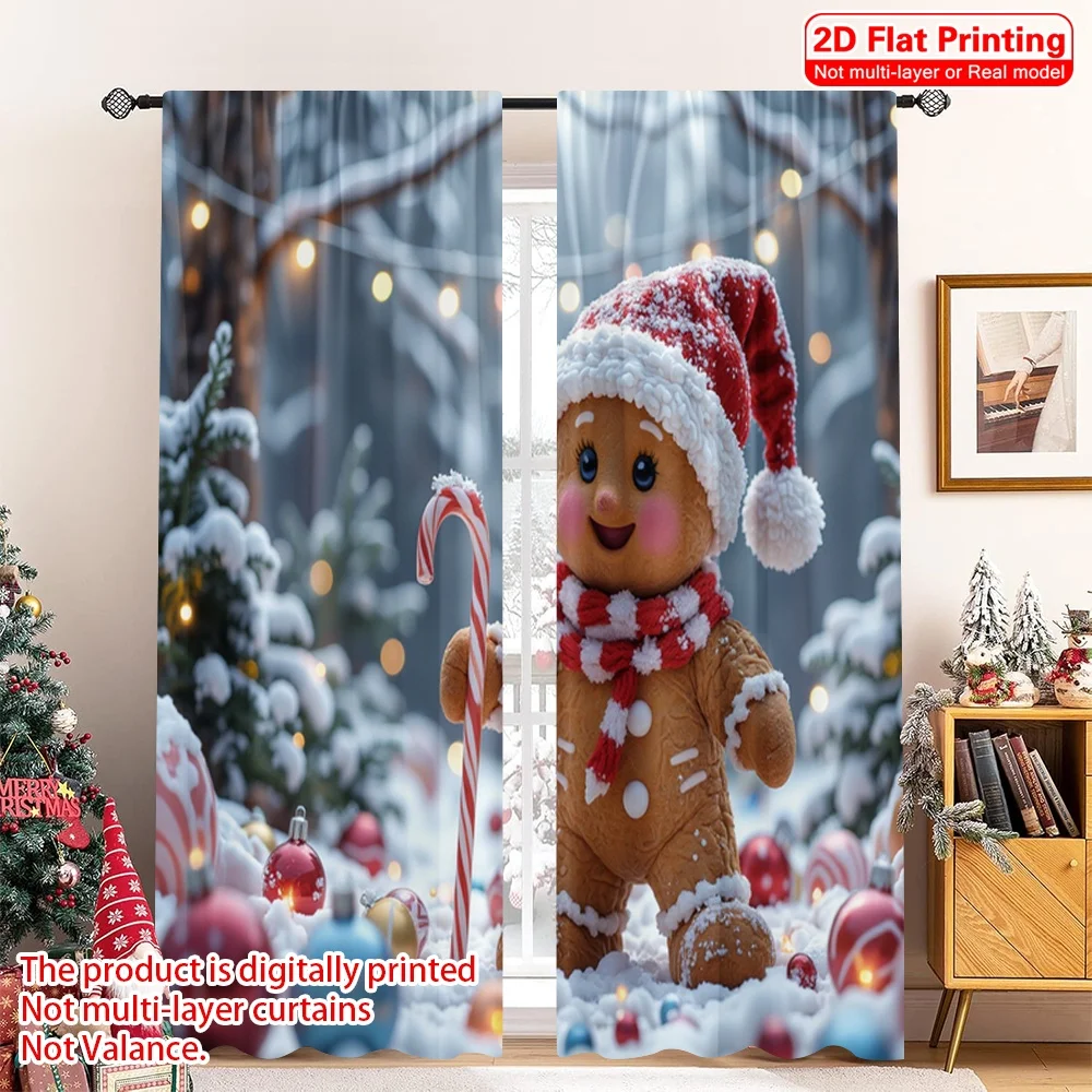 

2pcs 2D flat printing Merry Christmas Popular Drapes Christmas Gingerbread Man Winter Holiday Polyester Without Electricity
