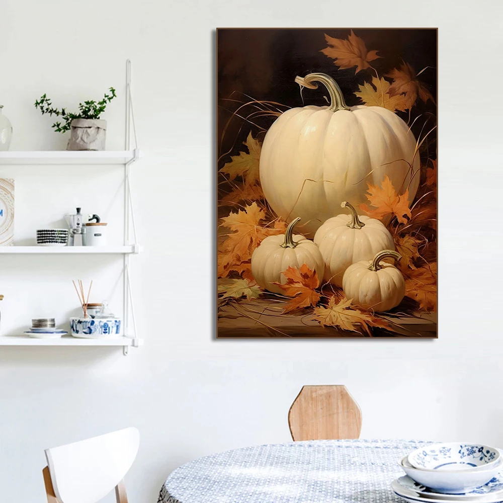 Dark Academia Fall Landscape Autumn  Maple Leaf  Moody Pumpkin Squirre Poster Canvas Painting for Halloween Home Decor