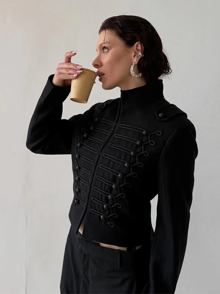 ジャケット・アウター Black Punk Napoleon Jacket Women Napoleon Jacket Women with Double Breasted Canvas Fitted - Jackets