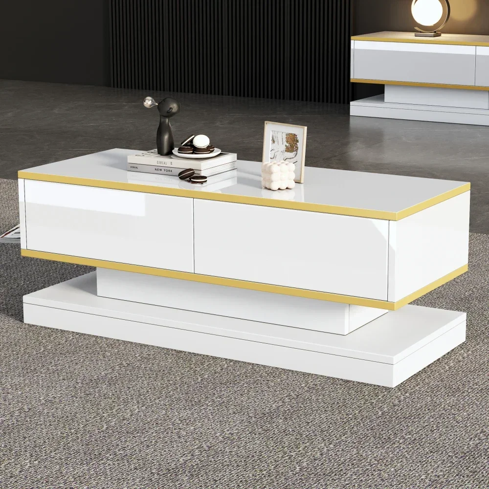 Moderner TV-Ständer mit 3 Schubladen, warmweißes Lowboard, goldener Rand, Wohnzimmer-Aufbewahrungsschrank – Detail 25