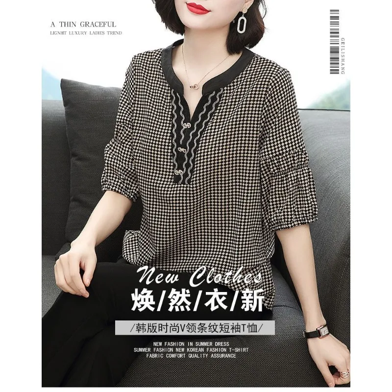 Mode Plaid frauen Lose kurzarm T-shirt frauen Chiffon V-ausschnitt Gedruckt Elegante Pullover Dünne Top