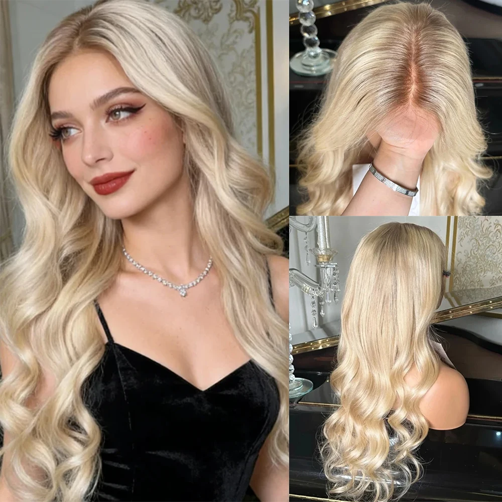

28" Ash Rooted Light Honey Blonde Synthetic Lace Front Wig for Women Heat Resistant Fibre Soft Wavy Wig Cosplay Party Wear&Go