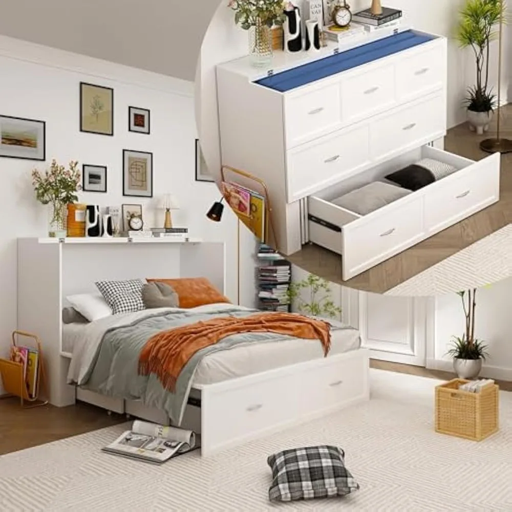 Multi-Functional 2-in-1 Murphy Cabinet Bed, Full Size Bed Frame Murphy Bed Chest with Built-in Power Strip & 3 Drawers