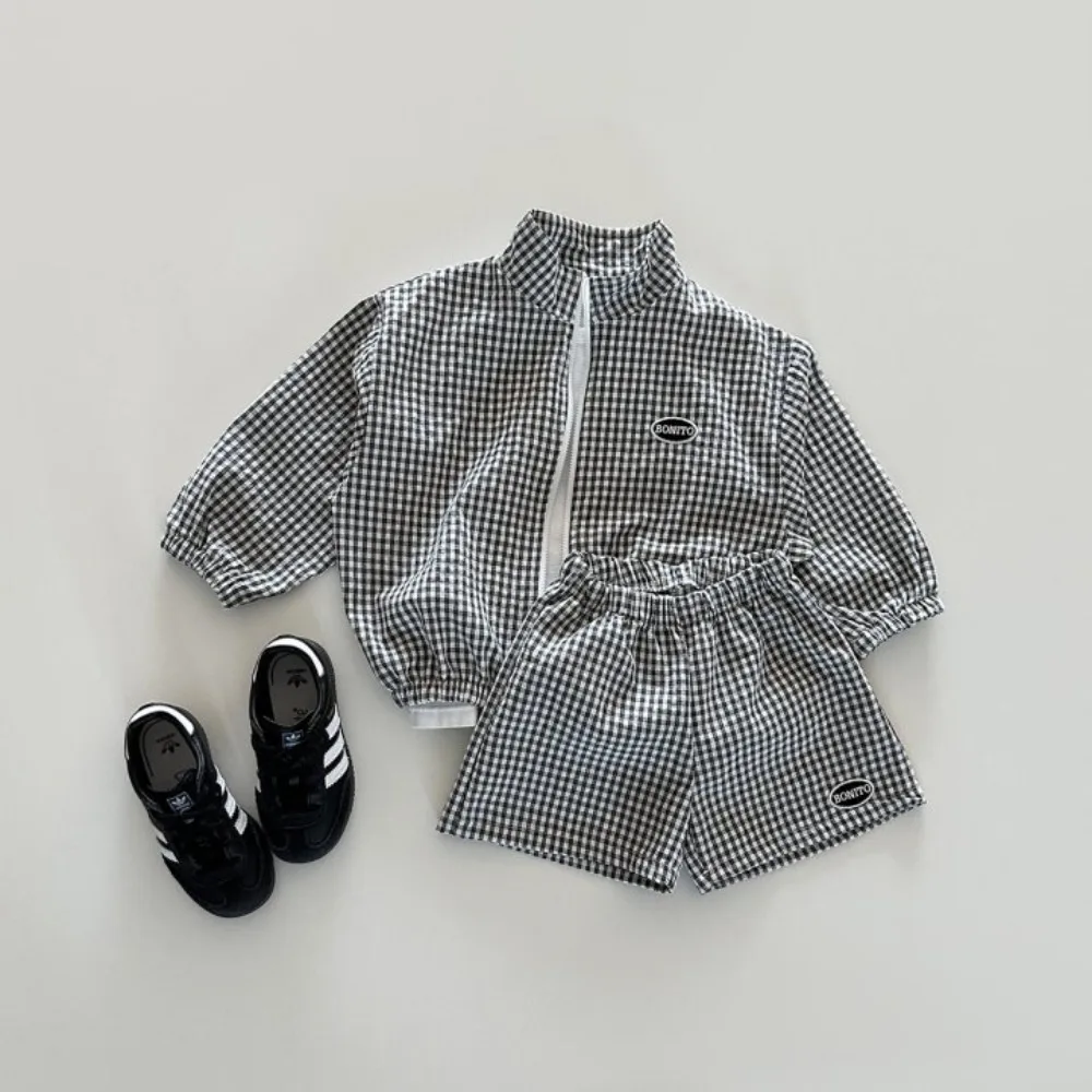 New Children Clothing Set Korean Boy's Summer Suit Leisure Thin Plaid Zipper Sunscreen Coat+Short Two Piece Suit 1-7 Years Old