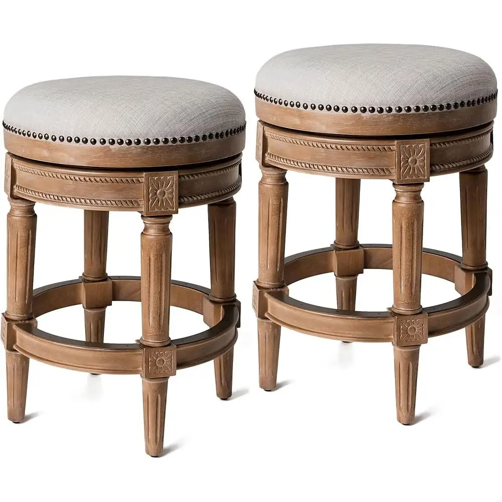 Backless Swivel Barstool Upholstered Cushion Kitchen Counter Stool Wood Carved Design 26 Inch High Weathered Oak Finish