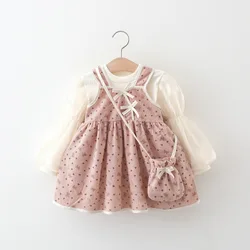 Fall New Girls' Dress Three-piece Top + Halter Dress + Crossbody Bag Bow Ribbon Lantern Sleeve Sweet Princess Dress