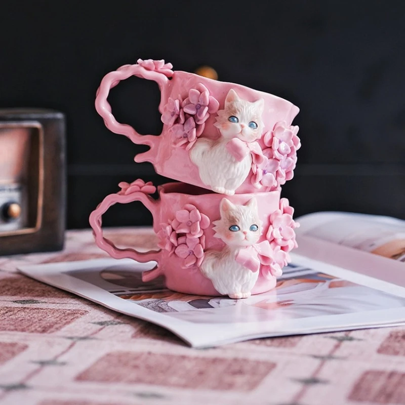 Ceramic coffee cup three-dimensional hand pinch cat flower cup high value mug creative high-end gift